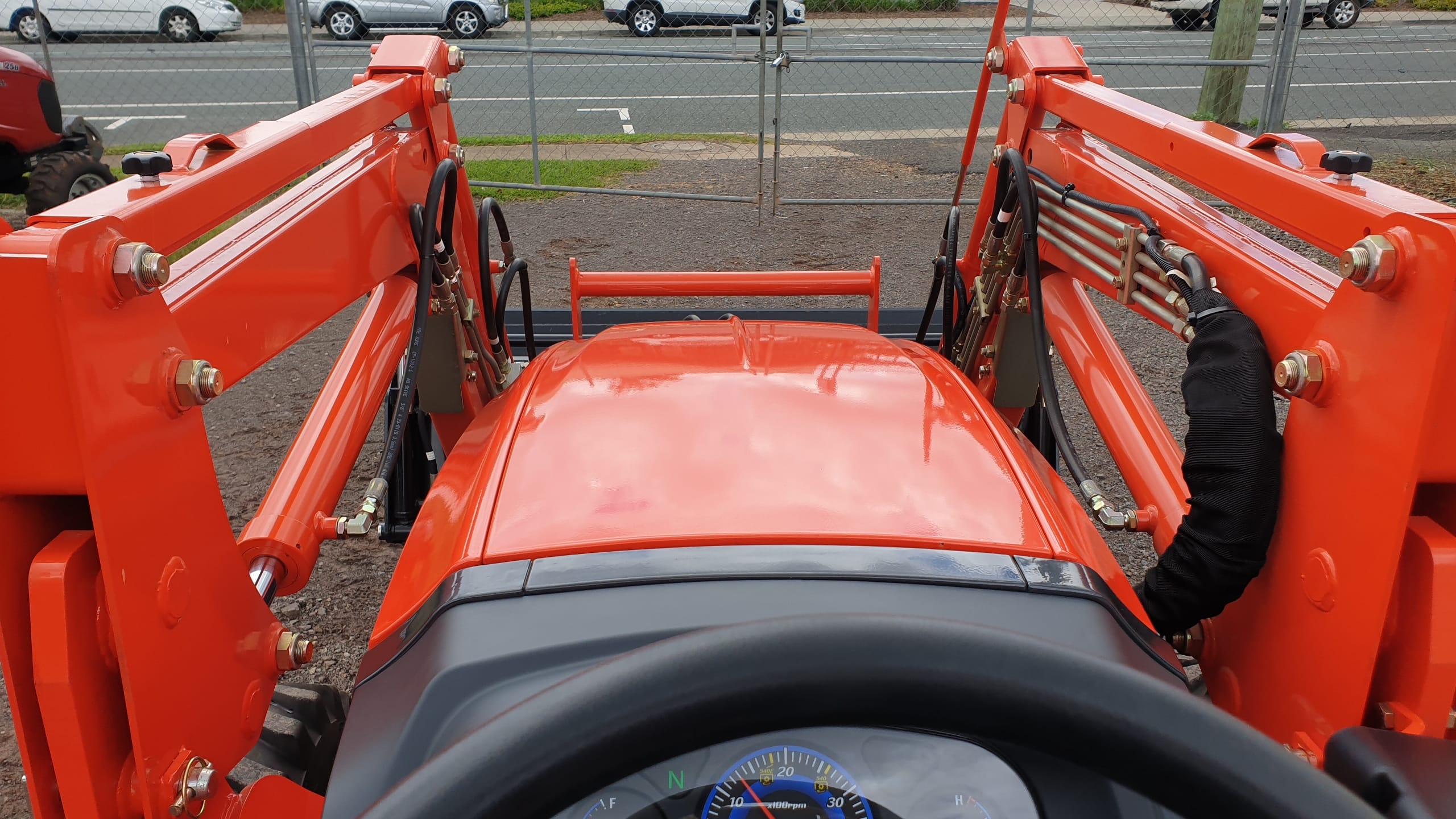 Kioti DK series tractor view from the drivers seat