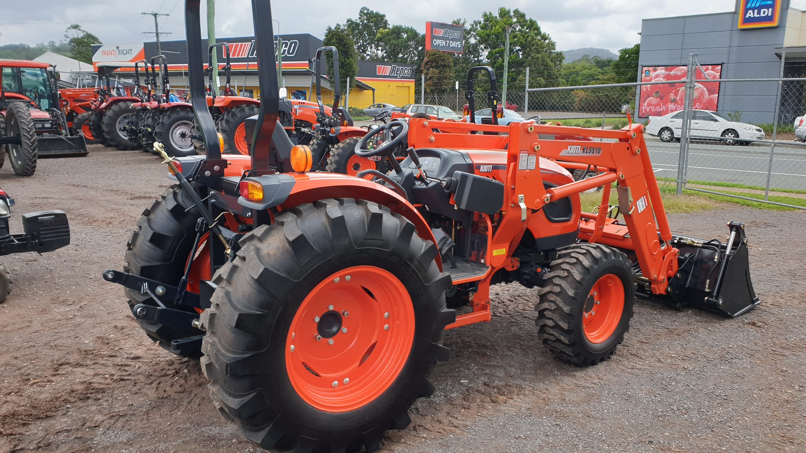 View from Back right corner looking forward on the Kioti DK series tractor and loader